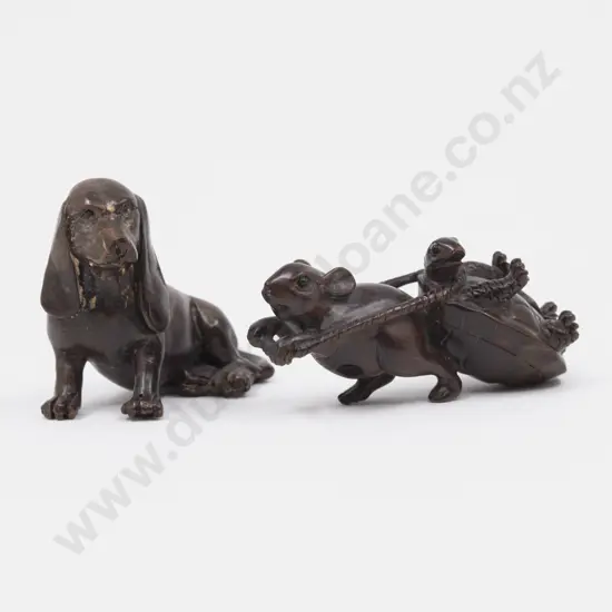 Signed Carved Hardwood Netsuke of a Hound and other of a Rat and Turtle