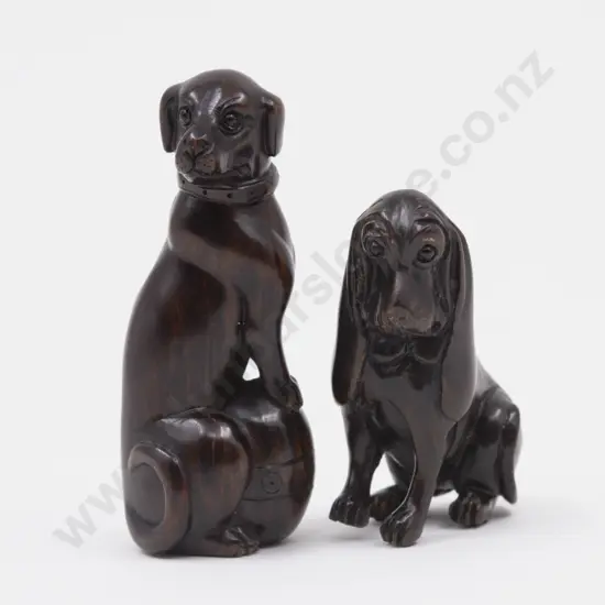 Two Signed Carved Hardwood Netsuke of Hounds