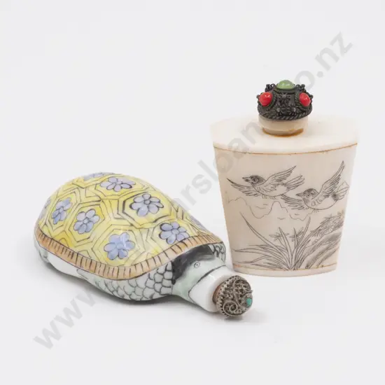 Bone Snuff Bottle and Porcelain Bottle Formed as a Turtle