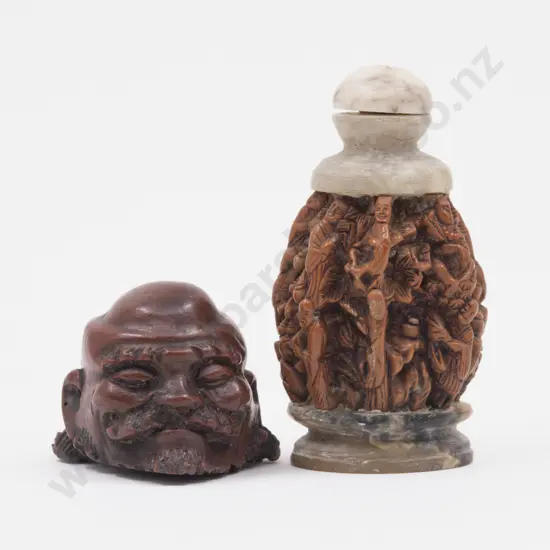 Carved Fruit Wood Netsuke of a Old Man Bust and Carved Walnut Snuff Bottle