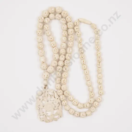 Late C19th Chinese Carved Ivory Bead Necklace with Pendant