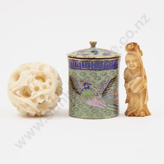 Small Carved Ivory Puzzle Ball and Immortal Figure (af) with Cloisonné Trinket Pot
