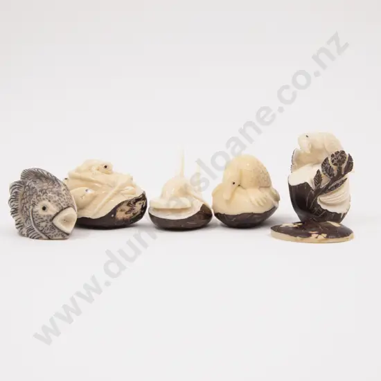 Four Carved Tagua Nut Vegetable Ivory Figures and Resin Fish