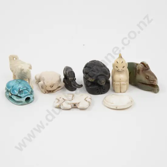 Collection of Various Vintage Beads Ivory Dog and Two Bronze Weight Measures