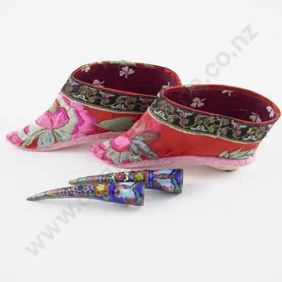 Pair Chinese Replica Silk Slippers and Pair Ornately Enamelled Fingernail Guards