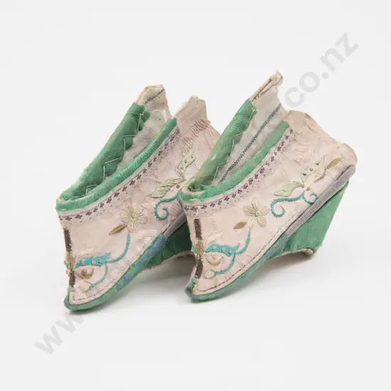 Pair Qing Dynasty (1644–1912) Late C19th Silk Embroidered Miniature Lotus Shoes