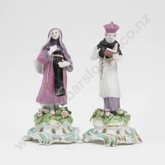 Pair C19th Chelsea Style Figures of Nun and Priest