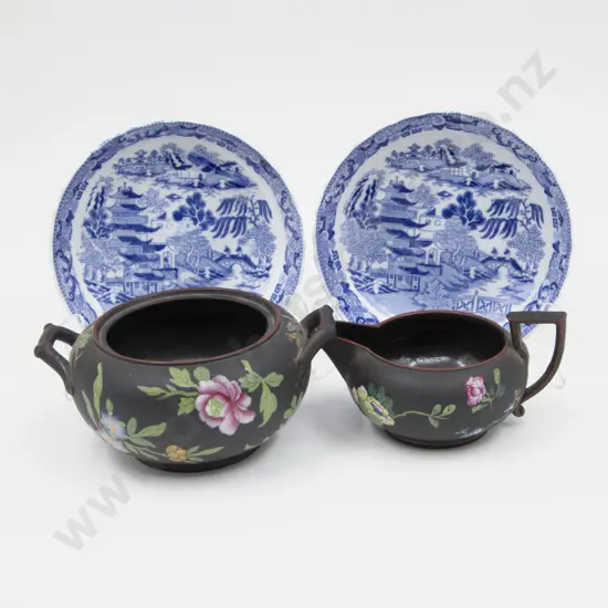 Pair Mid C19th B&W Saucers and Wedgwood Sugar & Cream Jug