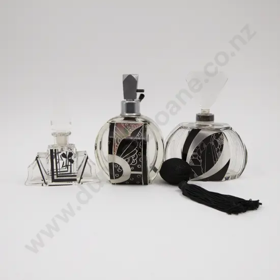 Three Various Art Deco Czech Black Enamel Crystal Perfume Bottles