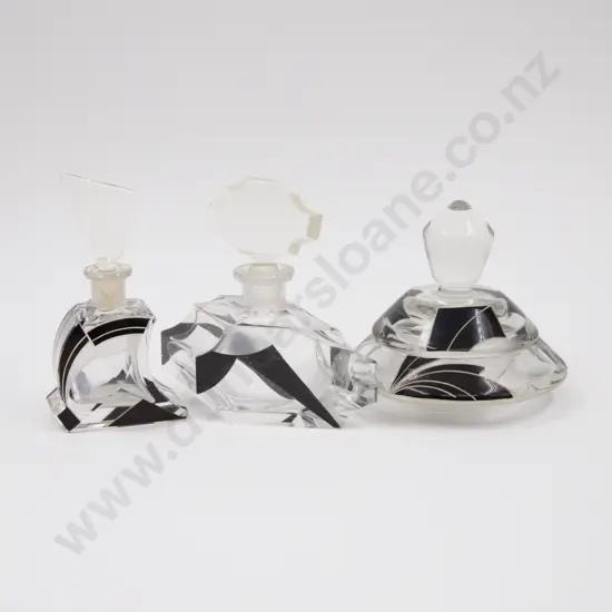 Three Various Art Deco Czech Black Enamel Crystal Perfume Bottles