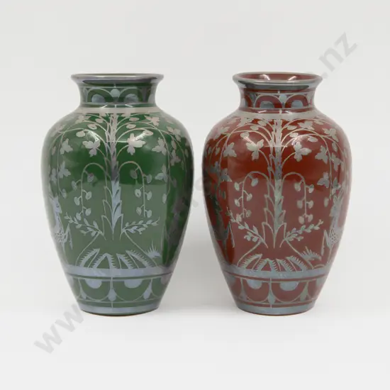 Pair Art Deco Red and Green Glazed Terra Cotta Vases