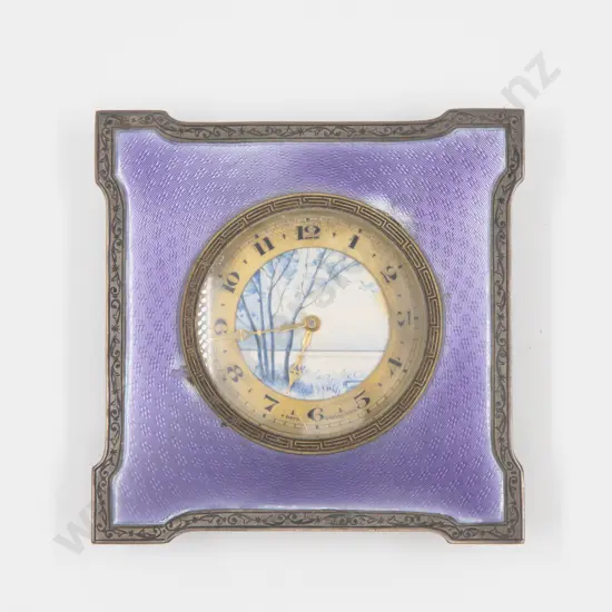 Edwardian Mauve Guilloche Enamel on Silver Table Clock