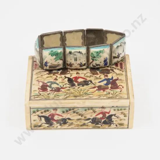 Vintage Persian Handpainted Casein Cigarette Box with Metal and Bone Painted Bracelet