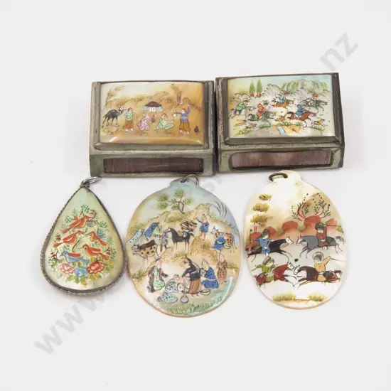 Two Vintage Persian Handpainted Metal & MOP Matchbox Covers and Three Pendants