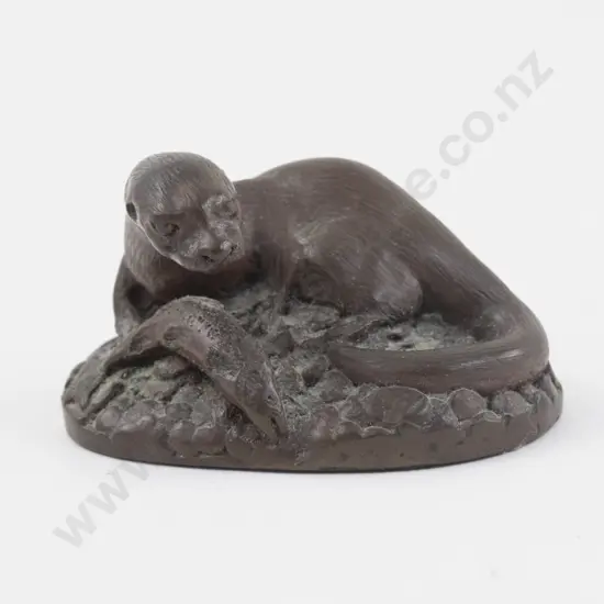Small Bronze Figure Group of Otter with Fish Catch
