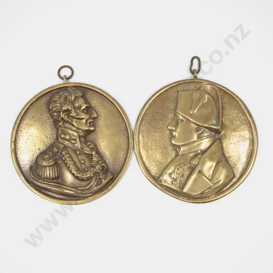 Pair Embossed Brass Plaques of Napoleon and Wellington