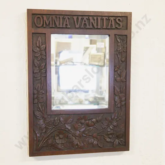 Arts & Crafts Oak Floral Carved Mirror With Latin "Omnia Vanitas" Motto