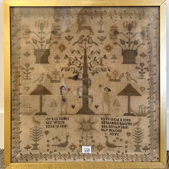 C19th Framed Sampler worked by Grace James Aged 18 1841