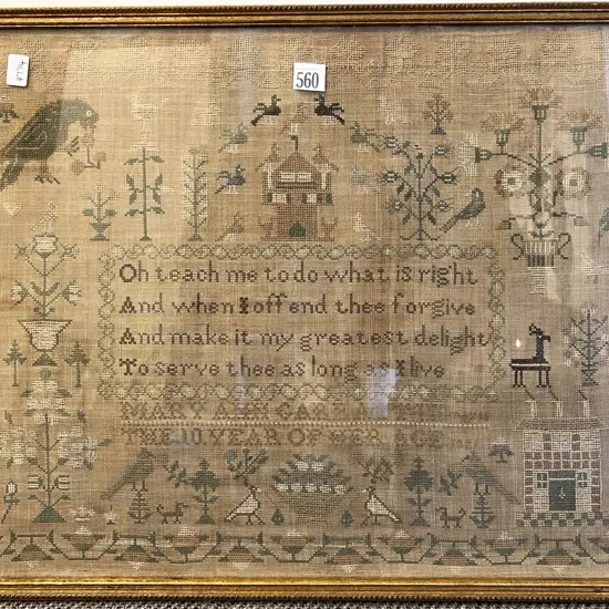 C19th Framed Sampler worked by Mary Ann Garrett Aged 10Years 1821