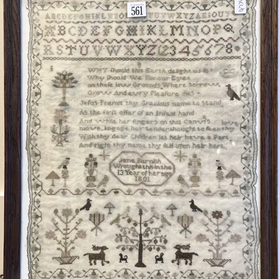 C19th Framed Sampler worked by Jane Furnish 13Years 1801