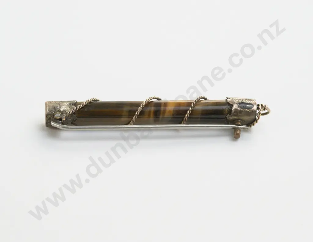 NZ 9ct Gold Mounted Tiger Eye Bar Brooch Image 1++