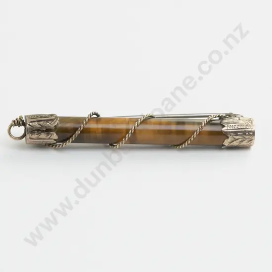 NZ 9ct Gold Mounted Tiger Eye Bar Brooch
