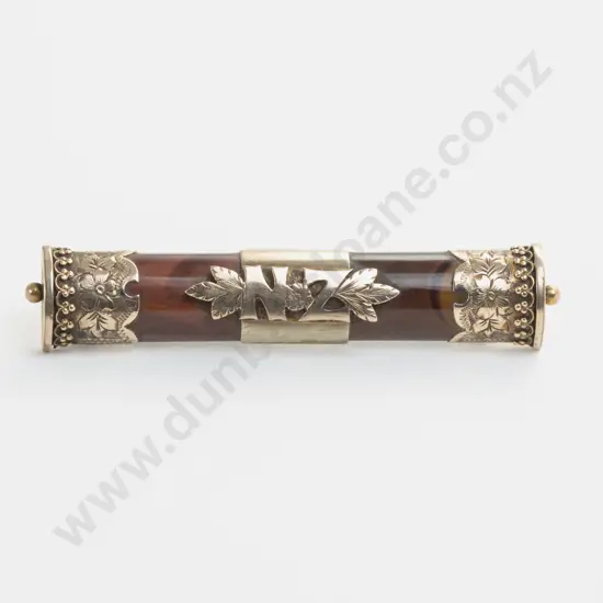 9ct Gold Mounted 'NZ' Tiger Eye Bar Brooch