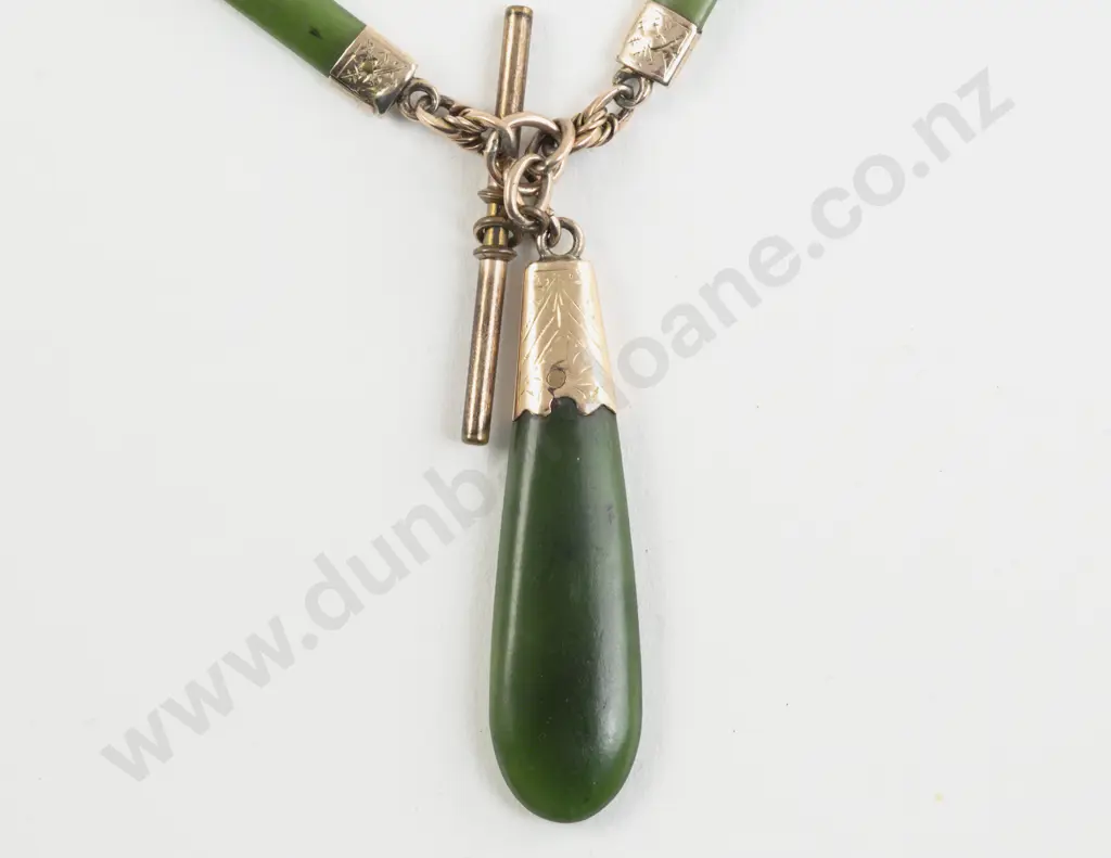 NZ Colonial 9ct Mounted Greenstone Rail Albert Chain Image 1++