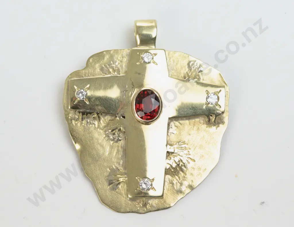 18ct Five Stone Garnet and Diamond Cross Pendant Image 1++