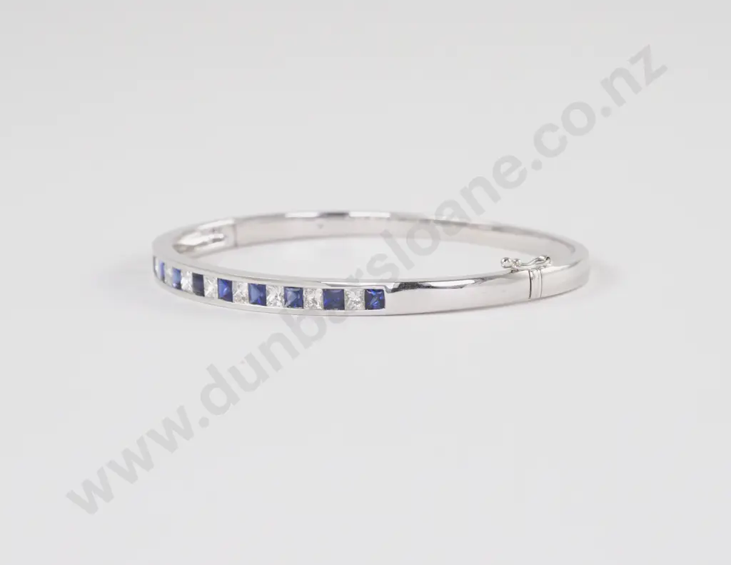 18ct White Gold 19Stone Sapphire and Diamond Hinged Snap Bangle Image 1++