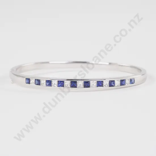 18ct White Gold 19Stone Sapphire and Diamond Hinged Snap Bangle
