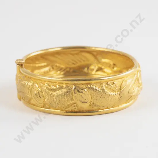 Chinese 24ct Engraved Hinged Snap Bangle