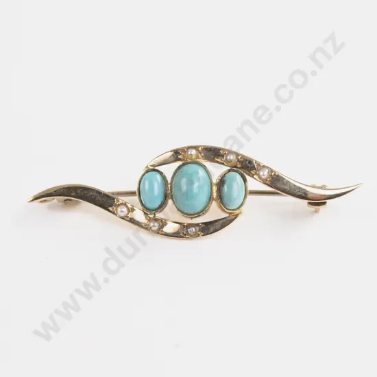 18ct Turquoise and Pearl Bar Brooch