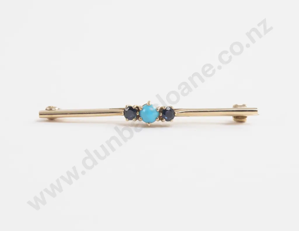 Victorian 9ct Three Stone Sapphire and Turquoise Bar Brooch Image 1++