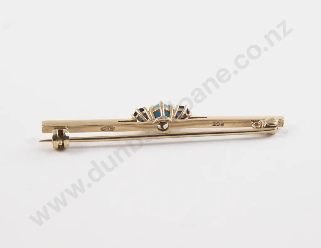 Victorian 9ct Three Stone Sapphire and Turquoise Bar Brooch Image 1++