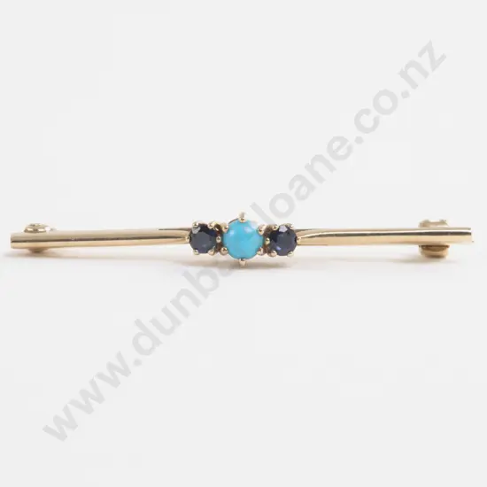 Victorian 9ct Three Stone Sapphire and Turquoise Bar Brooch