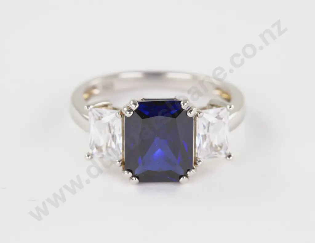 .925 Silver Three Stone Sapphire and Diamond Paste Dress Ring Image 1++