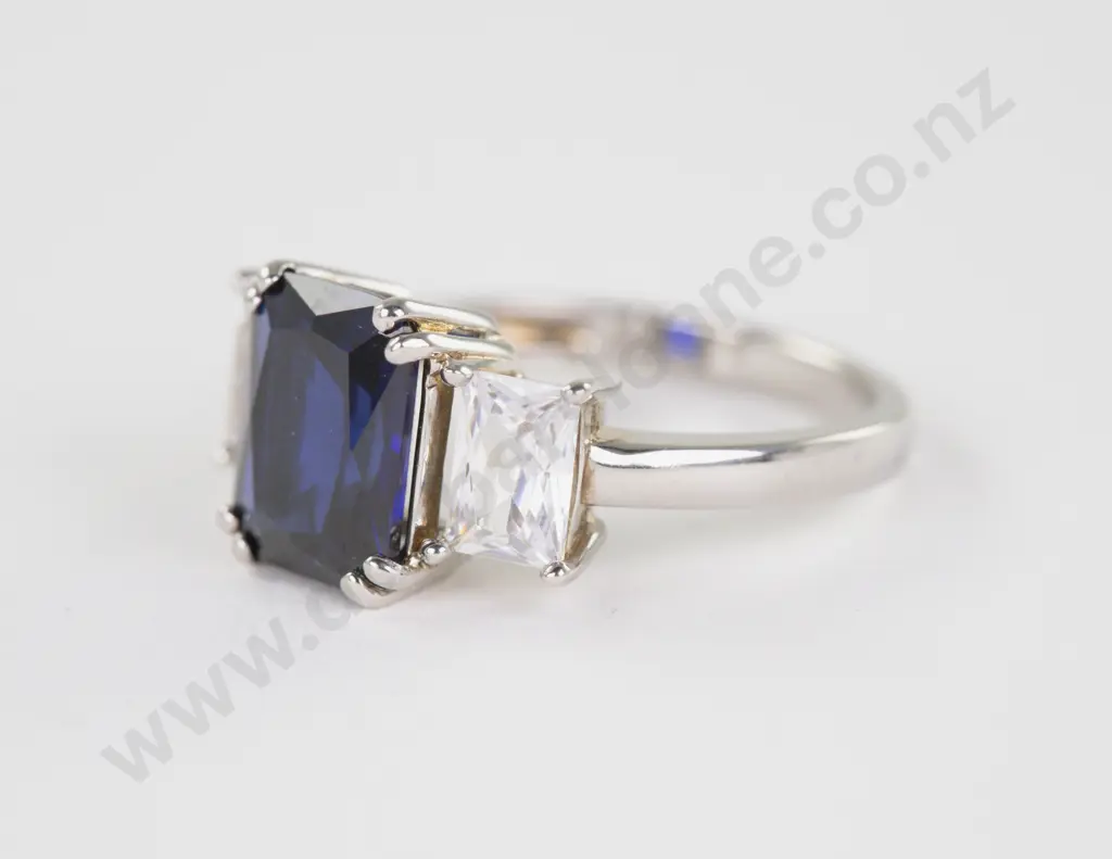 .925 Silver Three Stone Sapphire and Diamond Paste Dress Ring Image 1++