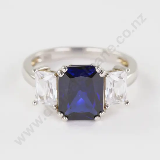 .925 Silver Three Stone Sapphire and Diamond Paste Dress Ring