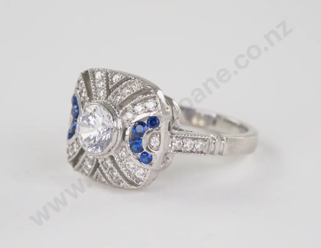 .925 Silver Art Deco Style Sapphire and Diamond Paste Cluster Ring Image 1++