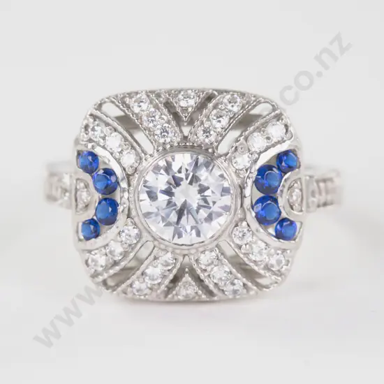 .925 Silver Art Deco Style Sapphire and Diamond Paste Cluster Ring