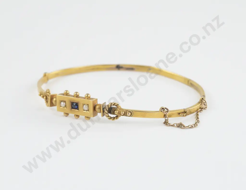Victorian 9ct Sapphire and Pearl Hollow Hinged Snap Bangle Image 1++