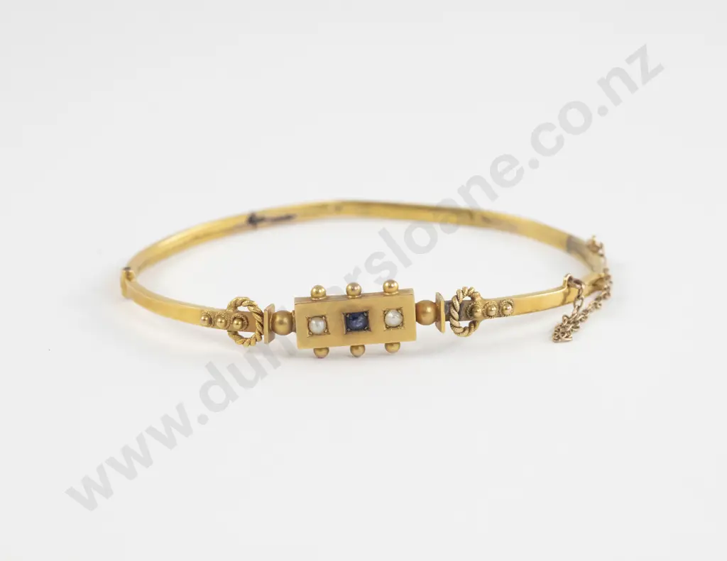 Victorian 9ct Sapphire and Pearl Hollow Hinged Snap Bangle Image 1++