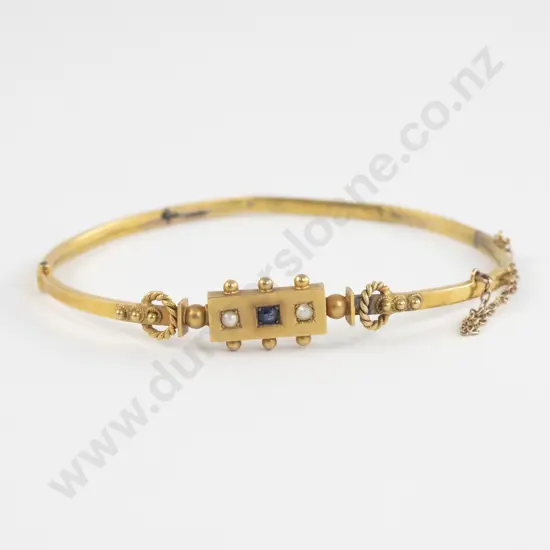 Victorian 9ct Sapphire and Pearl Hollow Hinged Snap Bangle