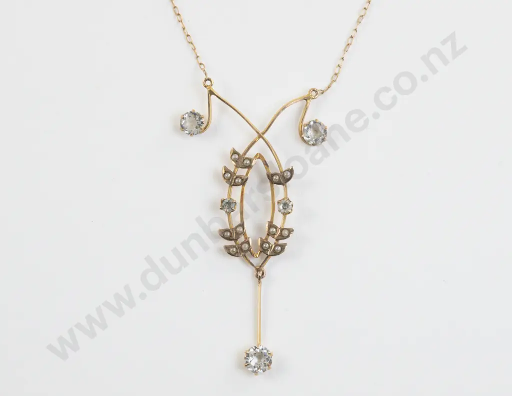 Edwardian 9ct White Sapphire and Seed Pearl Pendant Image 1++
