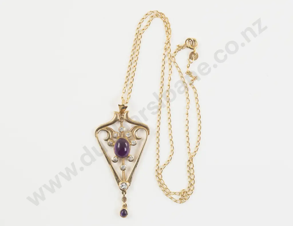 Edwardian 9ct Eleven Stone Amethyst and Diamond Shield Pendant Image 1++