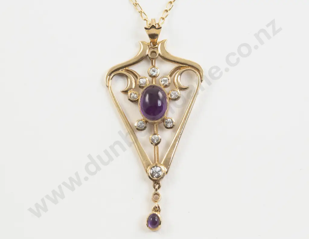 Edwardian 9ct Eleven Stone Amethyst and Diamond Shield Pendant Image 1++