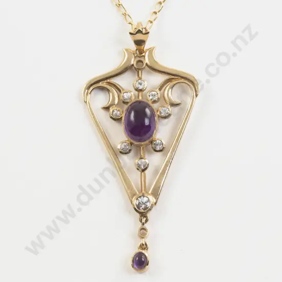Edwardian 9ct Eleven Stone Amethyst and Diamond Shield Pendant