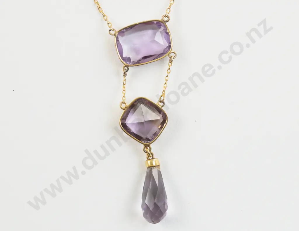 Victorian 9ct Three Stone Amethyst Pendant Drop Necklace Image 1++
