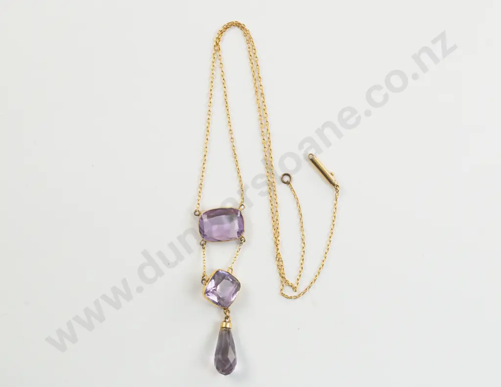 Victorian 9ct Three Stone Amethyst Pendant Drop Necklace Image 1++
